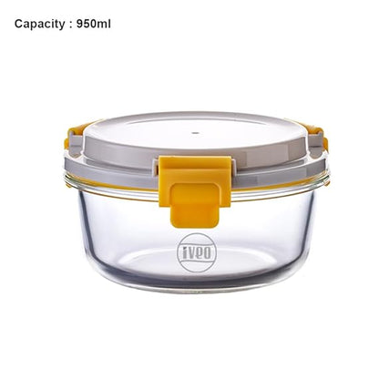 IVEO Borosilicate Glass Container, Lock Fresh | Microwave Safe Food Container | Lunch Box, Cook Serve Store | for Carrying and Storing Food | Air Tight | Leak Proof | 950 ml, Round, 1 Pc, Beige