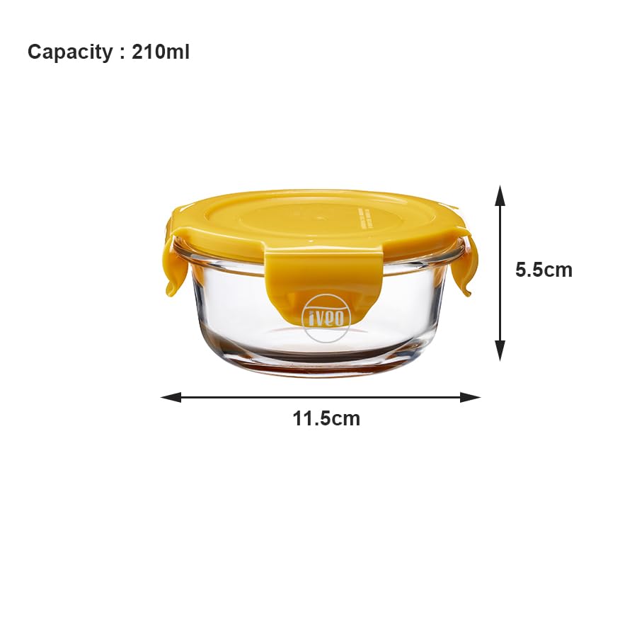 IVEO Borosilicate Glass Container, Fresh Nano | Microwave Safe Mini Food Container | Lunch Box | for Carrying and Storing Food | Air Tight | Leak Proof Food Storage | 210 ml, Round, 1 Pc, Yellow