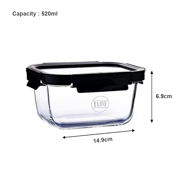 IVEO Borosilicate Glass Container, Glass N Glass | Microwave Safe Food Container | Cook Serve Store | for Carrying and Storing Food | with GLASS LID | Leak proof | 520 ml, Square, 1 Pc, Black