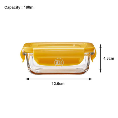 IVEO Borosilicate Glass Container, Fresh Nano | Microwave Safe Mini Food Container | Lunch Box | for Carrying and Storing Food | Air Tight | Leak Proof Food Storage | 180 ml, Rectangle,1 Pc,Yellow