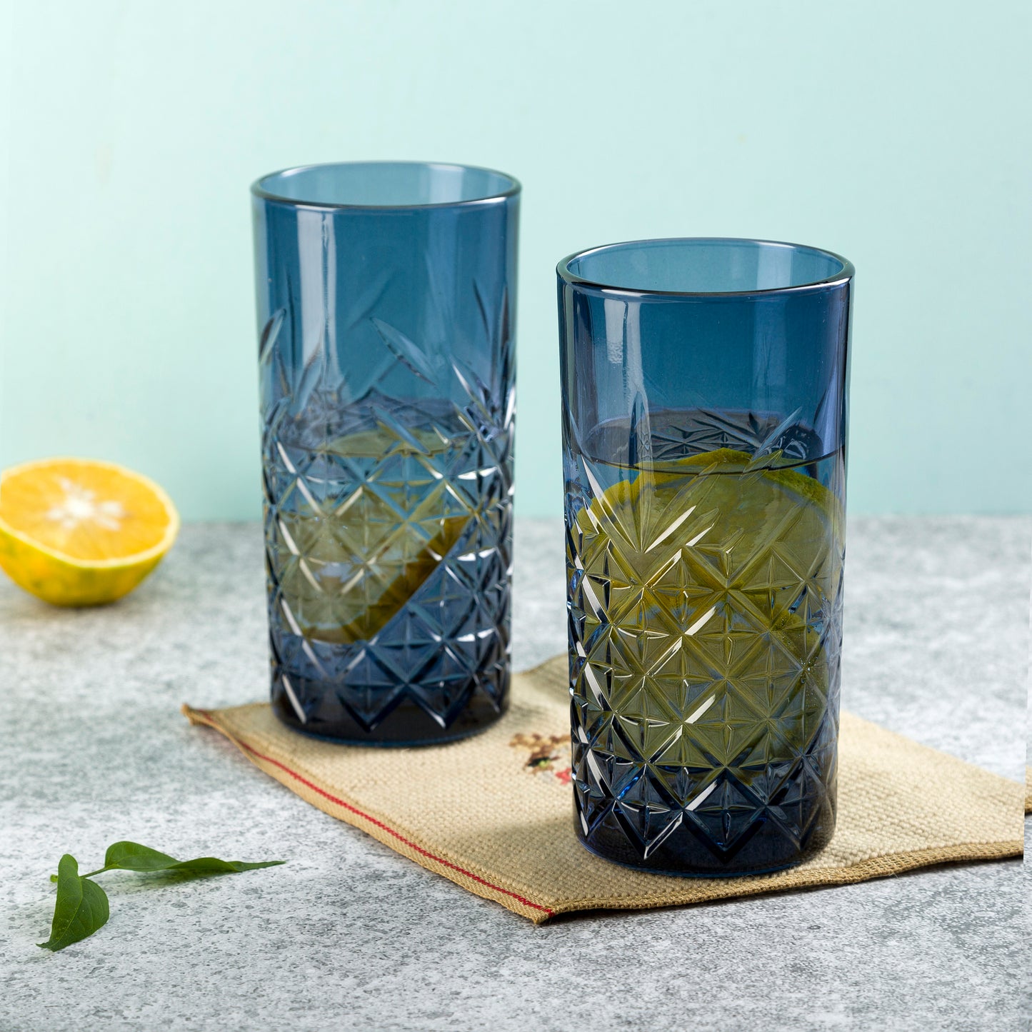 Pasabahce Timeless Blue Glass Transparent 450 ml in Set of 2 Pcs, Perfect fit for Water/Juice.