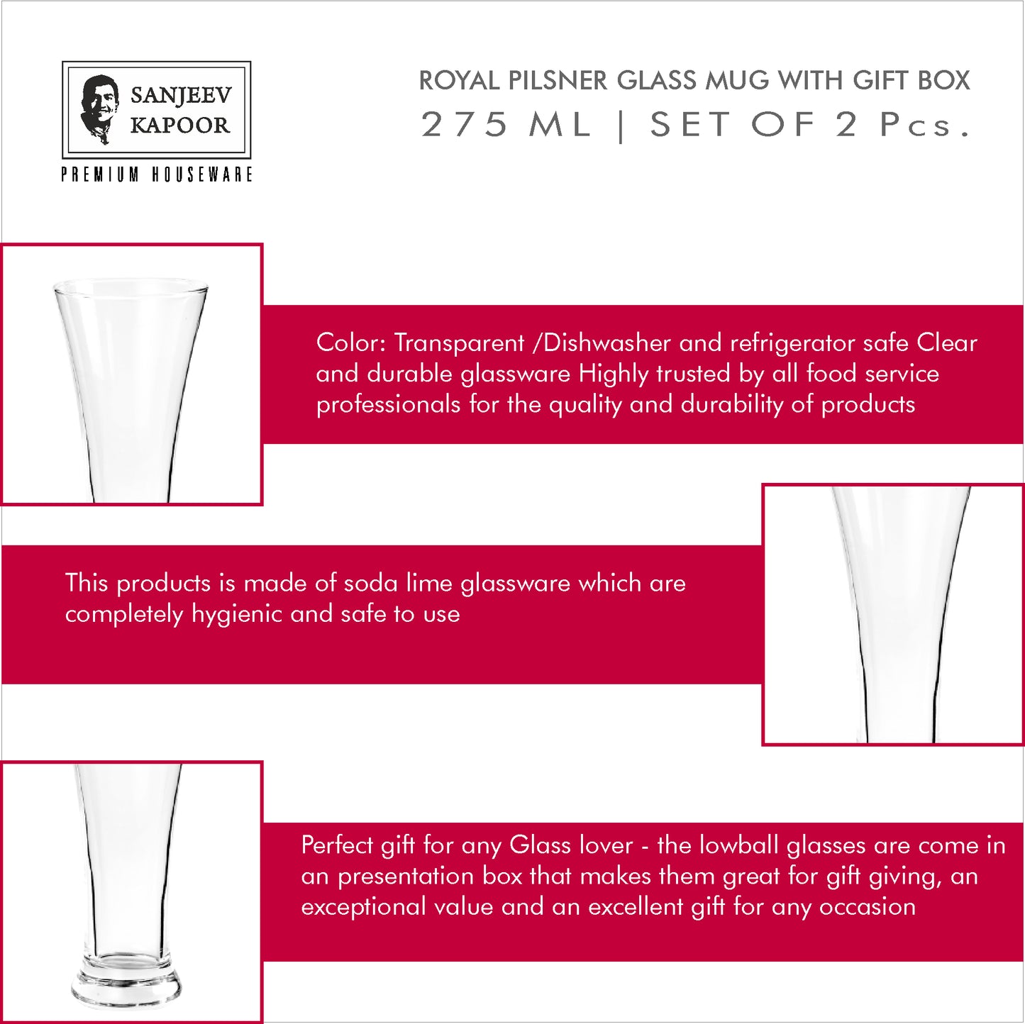 Sanjeev Kapoor Royal Pilsner Glass Set of 2 PC - 275ml, Transparent