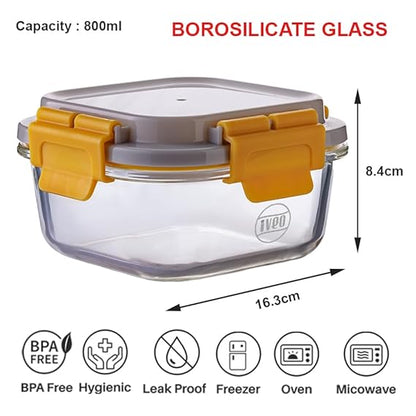 IVEO Borosilicate Glass Container, Lock Fresh | Microwave Safe Food Container | Lunch Box, Cook Serve Store | for Carrying and Storing Food | Air Tight | Leak Proof | 800 ml, Square, 1 Pc, Beige