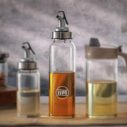 IVEO Borosilicate Glass Oil and Vinegar Bottle, Glass Dispenser for Oil, Vinegar Storage in Kitchen | Easy pouring & Storing | with SS Lid top | 500 ml, 1 Pc, Clear