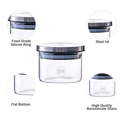 IVEO Borosilicate Glass Jar, Air Tight Jar for Kitchen, Store Max | for Storage of Food, Pulses, Spice, Cereals, Cookies, Dry Food | With Steel Lid | Leak Proof | 250 ml, Round, 2 Pcs, Clear