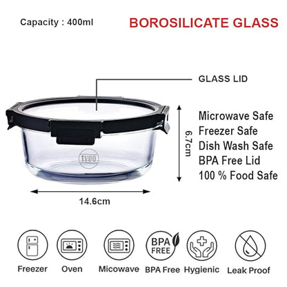 IVEO Borosilicate Glass Container, Glass N Glass | Microwave Safe Food Container | Cook Serve Store | for Carrying and Storing Food | with GLASS LID | Leak proof | 400 ml, Round, 1 Pc, Black