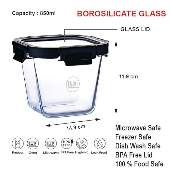 IVEO Borosilicate Glass Container, Glass N Glass | Microwave Safe Deep Food Container | Cook Serve Store | for Carrying and Storing Food | with GLASS LID | Leak proof | 850 ml, Square, 1 Pc, Black