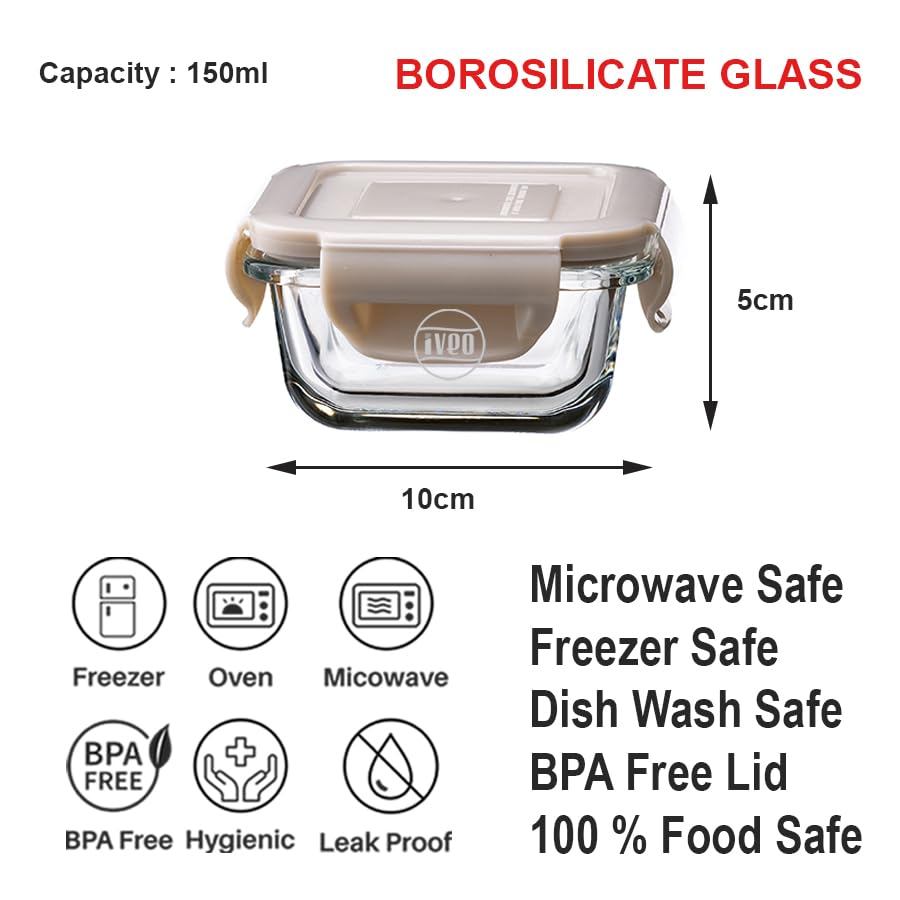 IVEO Borosilicate Glass Container, Fresh Nano | Microwave Safe Mini Food Container | Lunch Box | for Carrying and Storing Food | Air Tight | Leak Proof Food Storage | 150 ml, Square, 1 Pc, Beige