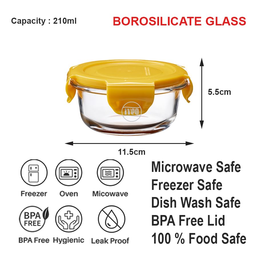 IVEO Borosilicate Glass Container, Fresh Nano | Microwave Safe Mini Food Container | Lunch Box | for Carrying and Storing Food | Air Tight | Leak Proof Food Storage | 210 ml, Round, 1 Pc, Yellow