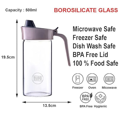 IVEO Borosilicate Glass Oil and Vinegar Bottle, Storex | Glass Dispenser for Oil, Vinegar Storage in Kitchen | Easy pouring & Storing | with SS Lid top | 500 ml, 1 Pc, Beige