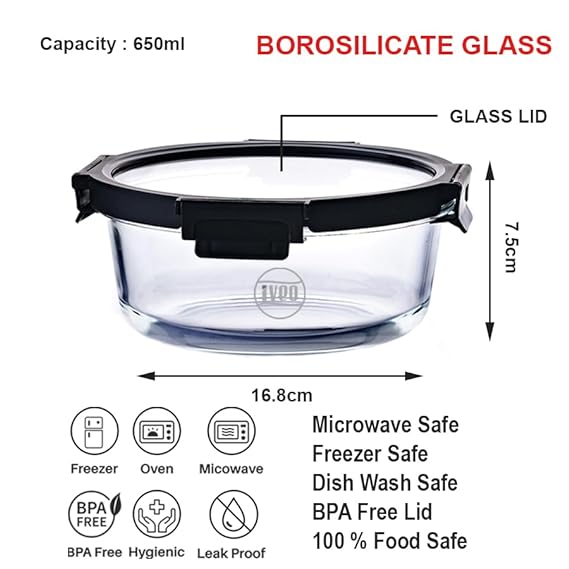 IVEO Borosilicate Glass Container, Glass N Glass | Microwave Safe Food Container | Cook Serve Store | for Carrying and Storing Food | with GLASS LID | Leak proof | 650 ml, Round, 1 Pc, Black