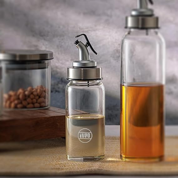 IVEO Borosilicate Glass Oil and Vinegar Bottle, Glass Dispenser for Oil, Vinegar Storage in Kitchen | Easy pouring & Storing | with SS Lid top | 300 ml, 1 Pc, Clear