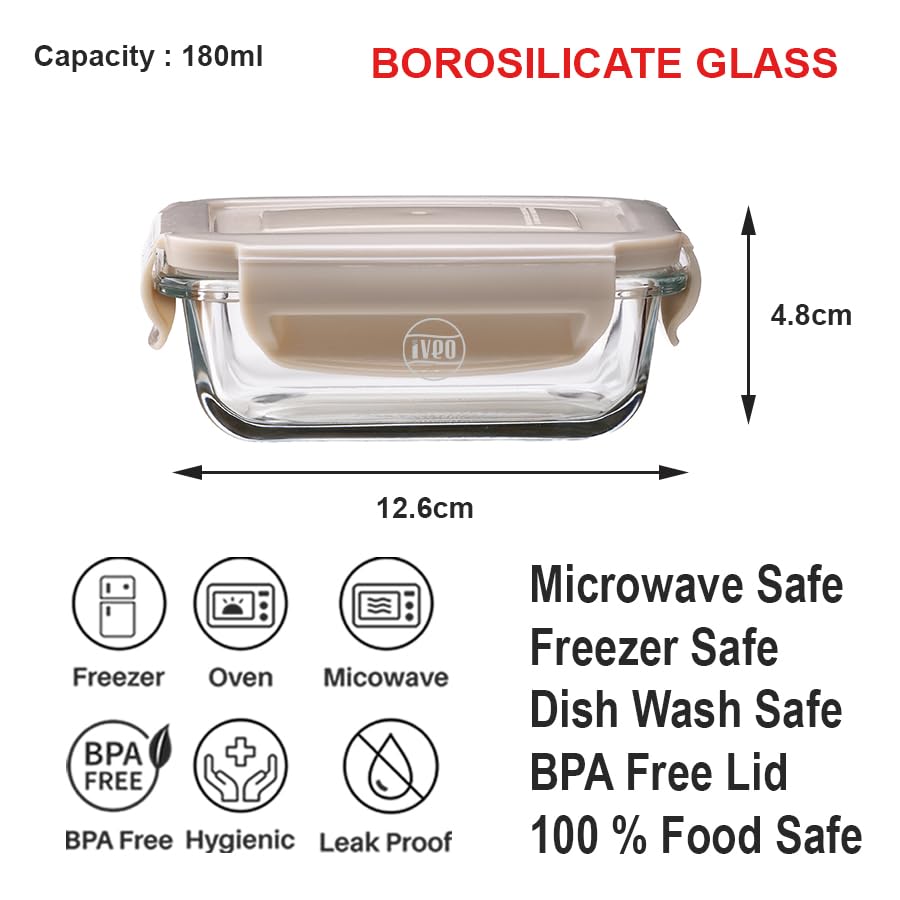 IVEO Borosilicate Glass Container, Fresh Nano | Microwave Safe Mini Food Container | Lunch Box | for Carrying and Storing Food | Air Tight | Leak Proof | 180 ml, Rectangle, 1 Pc, Beige