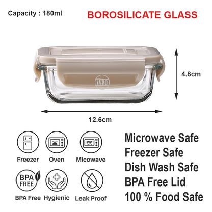 IVEO Borosilicate Glass Container, Fresh Nano | Microwave Safe Mini Food Container | Lunch Box | for Carrying and Storing Food | Air Tight | Leak Proof | 180 ml, Rectangle, 1 Pc, Beige