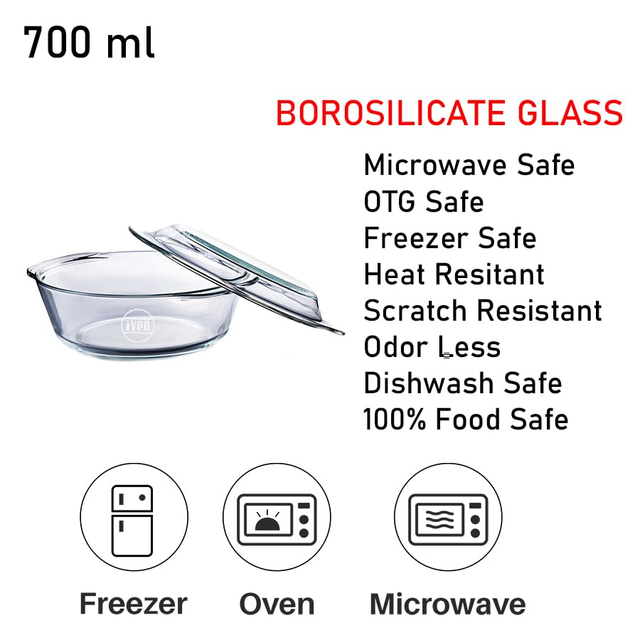 Borosilicate Glass Casserole by iveo, Microwave Safe Cook Serve Stotre Casserole Bake Mate | for Cooking Rice, Curry, Cake, Delious Bakery Food | With Lid | 700 ml, Round, 1 Pc, Clear