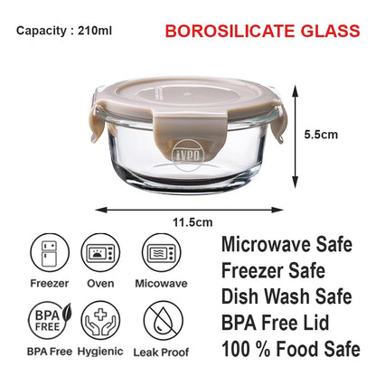 IVEO Borosilicate Glass Container, Fresh Nano | Microwave Safe Mini Food Container | Lunch Box | for Carrying and Storing Food | Air Tight | Leak Proof Food Storage | 210 ml, Round, 1 Pc, Beige