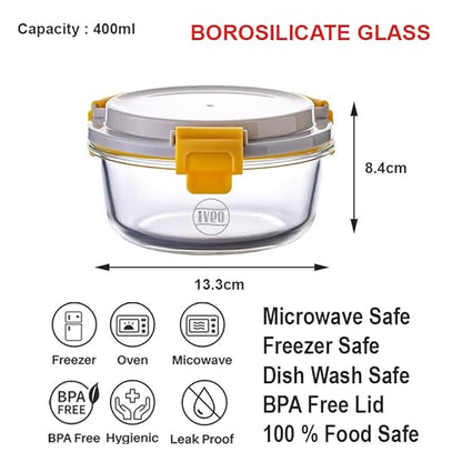 IVEO Borosilicate Glass Container, Lock Fresh | Microwave Safe Food Container | Lunch Box, Cook Serve Store | for Carrying and Storing Food | Air Tight | Leak Proof | 400 ml, Round, 1 Pc, Beige