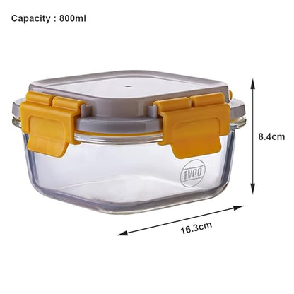 IVEO Borosilicate Glass Container, Lock Fresh | Microwave Safe Food Container | Lunch Box, Cook Serve Store | for Carrying and Storing Food | Air Tight | Leak Proof | 800 ml, Square, 1 Pc, Beige