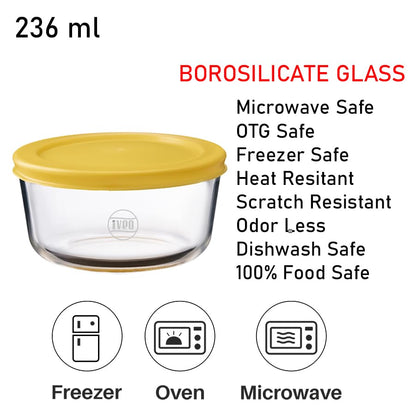 Iveo Borosilicate Glass Container, Fresh Mate | Microwave Safe Food Container | Cook Serve Store | for Carrying and Storing Food | Fresh Storage | 236 ml, Round, 2 Pcs, Yellow