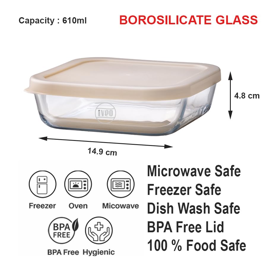 IVEO Borosilicate Glass Container, Fresh Mate | Microwave Safe Food Container | Cook Serve Store | for Carrying and Storing Food | Slim Food Container | Stay Healthy | 1170 ml, Square, 1 Pc, Beige