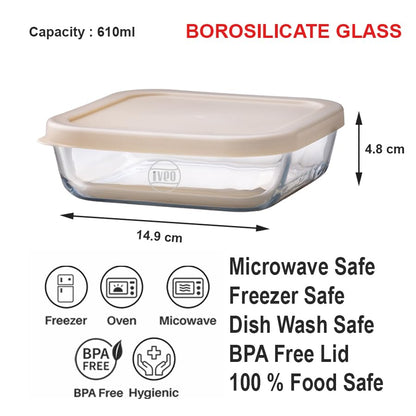 IVEO Borosilicate Glass Container, Fresh Mate | Microwave Safe Food Container | Cook Serve Store | for Carrying and Storing Food | Slim Food Container | Stay Healthy | 1170 ml, Square, 1 Pc, Beige