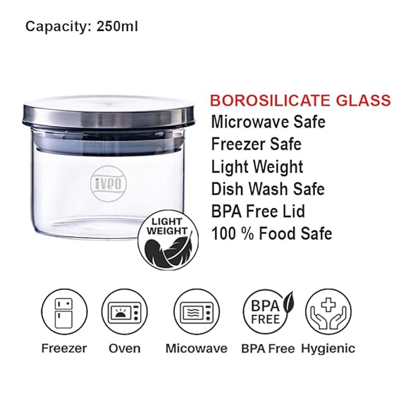 IVEO Borosilicate Glass Jar, Air Tight Jar for Kitchen, Store Max | for Storage of Food, Pulses, Spice, Cereals, Cookies, Dry Food | With Steel Lid | Leak Proof | 250 ml, Round, 2 Pcs, Clear