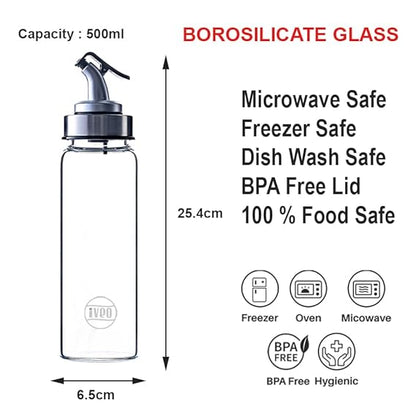 IVEO Borosilicate Glass Oil and Vinegar Bottle, Glass Dispenser for Oil, Vinegar Storage in Kitchen | Easy pouring & Storing | with SS Lid top | 500 ml, 1 Pc, Clear