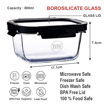 IVEO Borosilicate Glass Container, Glass N Glass | Microwave Safe Food Container | Cook Serve Store | for Carrying and Storing Food | with GLASS LID | Leak proof | 800 ml, Square, 1 Pc, Black