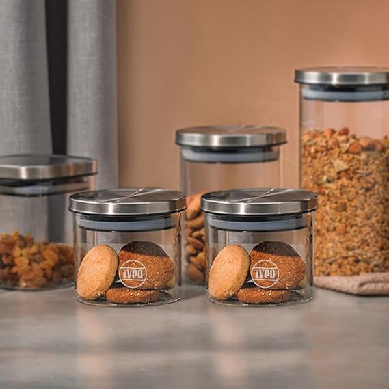 IVEO Borosilicate Glass Jar, Air Tight Jar for Kitchen, Store Max | for Storage of Food, Pulses, Spice, Cereals, Cookies, Dry Food | With Steel Lid | Leak Proof | 250 ml, Round, 2 Pcs, Clear