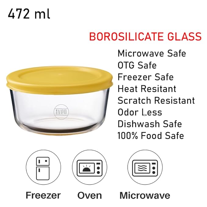 Iveo Borosilicate Glass Container, Fresh Mate | Microwave Safe Food Container | Cook Serve Store | for Carrying and Storing Food | Fresh Storage | 472 ml, Round, 2 Pcs, Yellow