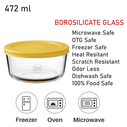 Iveo Borosilicate Glass Container, Fresh Mate | Microwave Safe Food Container | Cook Serve Store | for Carrying and Storing Food | Fresh Storage | 472 ml, Round, 2 Pcs, Yellow