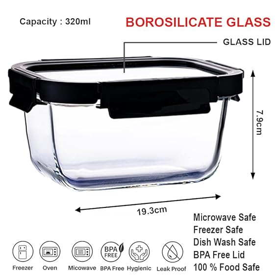 IVEO Borosilicate Glass Container, Glass N Glass | Microwave Safe Food Container | Cook Serve Store | for Carrying and Storing Food | with GLASS LID | Leak proof | 1100 ml, Square, 1 Pc, Black