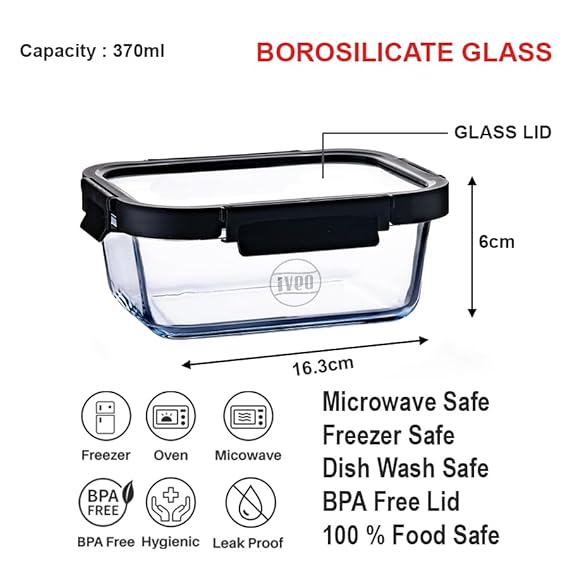 IVEO Borosilicate Glass Container, Glass N Glass | Microwave Safe Food Container | Cook Serve Store | for Carrying and Storing Food | with GLASS LID | Leak proof | 370 ml, Rectangle, 1 Pc, Black