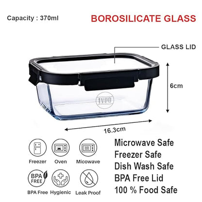 IVEO Borosilicate Glass Container, Glass N Glass | Microwave Safe Food Container | Cook Serve Store | for Carrying and Storing Food | with GLASS LID | Leak proof | 370 ml, Rectangle, 1 Pc, Black