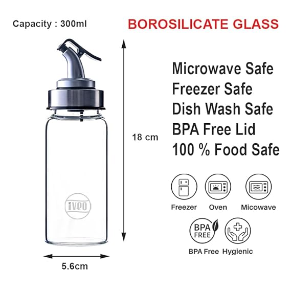 IVEO Borosilicate Glass Oil and Vinegar Bottle, Glass Dispenser for Oil, Vinegar Storage in Kitchen | Easy pouring & Storing | with SS Lid top | 300 ml, 1 Pc, Clear