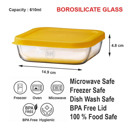 IVEO Borosilicate Glass Container, Fresh Mate | Microwave Safe Food Container | Cook Serve Store | for Carrying and Storing Food | Slim Food Container | Stay Healthy | 1170 ml, Square, 1 Pc,Yellow