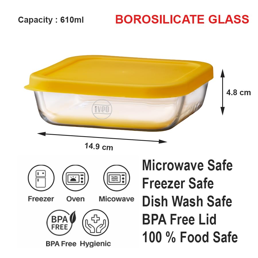 IVEO Borosilicate Glass Container, Fresh Mate | Microwave Safe Food Container | Cook Serve Store | for Carrying and Storing Food | Slim Food Container | Stay Healthy | 610 ml, Square, 1 Pc, Yellow