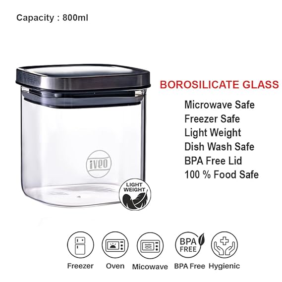 IVEO Borosilicate Glass Jar, Air Tight Jar for Kitchen | Space Saver | for Storage of Food, Pulses, Spice, Cereals, Cookies, Dry Food | With Steel Lid | Leak Proof | 800 ml, Square, 1 Pc, Clear