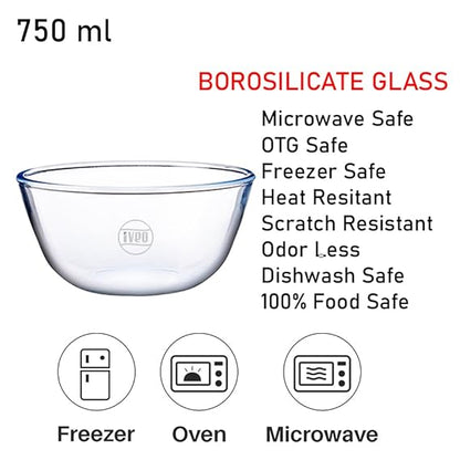 Iveo Borosilicate Glass Mixing and Serving Bowl, Microwave Safe Bowl for Mixing Cooking and Serving Mix Max | for Mixing, Cooking in Oven | Serving Bowl | 750 ml, Round, 2 Pcs, Clear