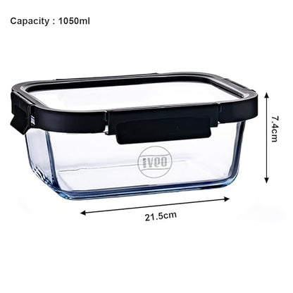 IVEO Borosilicate Glass Container, Glass N Glass | Microwave Safe Food Container | Cook Serve Store | for Carrying and Storing Food | with GLASS LID | Leak proof | 1050 ml, Rectangle, 1 Pc, Black