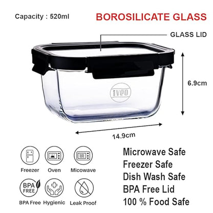 IVEO Borosilicate Glass Container, Glass N Glass | Microwave Safe Food Container | Cook Serve Store | for Carrying and Storing Food | with GLASS LID | Leak proof | 520 ml, Square, 1 Pc, Black