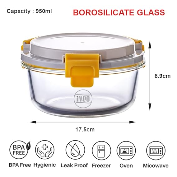 IVEO Borosilicate Glass Container, Lock Fresh | Microwave Safe Food Container | Lunch Box, Cook Serve Store | for Carrying and Storing Food | Air Tight | Leak Proof | 950 ml, Round, 1 Pc, Beige