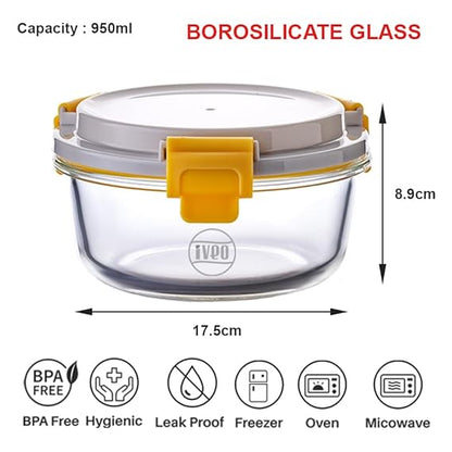 IVEO Borosilicate Glass Container, Lock Fresh | Microwave Safe Food Container | Lunch Box, Cook Serve Store | for Carrying and Storing Food | Air Tight | Leak Proof | 950 ml, Round, 1 Pc, Beige