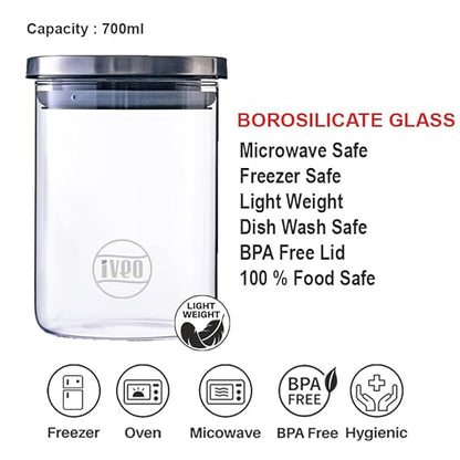 IVEO Borosilicate Glass Jar, Air Tight Jar for Kitchen, Store Max | for Storage of Food, Pulses, Spice, Cereals, Cookies, Dry Food | With Steel Lid | Leak Proof | 700 ml, Round, 2 Pcs, Clear