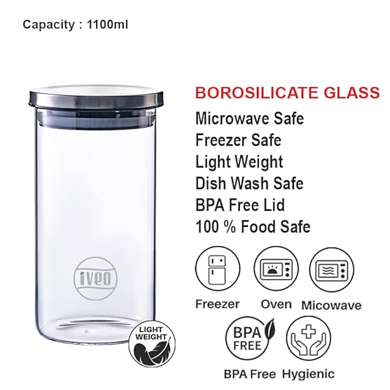 IVEO Borosilicate Glass Jar, Air Tight Jar for Kitchen, Store Max | for Storage of Food, Pulses, Spice, Cereals, Cookies, Dry Food | With Steel Lid | Leak Proof | 1100 ml, Round, 1 Pc, Clear