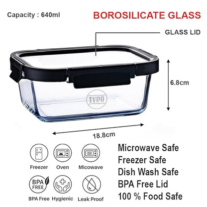 IVEO Borosilicate Glass Container, Glass N Glass | Microwave Safe Food Container | Cook Serve Store | for Carrying and Storing Food | with GLASS LID | Leak proof | 640 ml, Rectangle, 1 Pc, Black