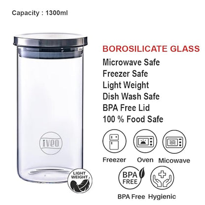 IVEO Borosilicate Glass Jar, Air Tight Jar for Kitchen, Store Max | for Storage of Food, Pulses, Spice, Cereals, Cookies, Dry Food | With Steel Lid | Leak Proof | 1300 ml, Round, 1 Pc, Clear