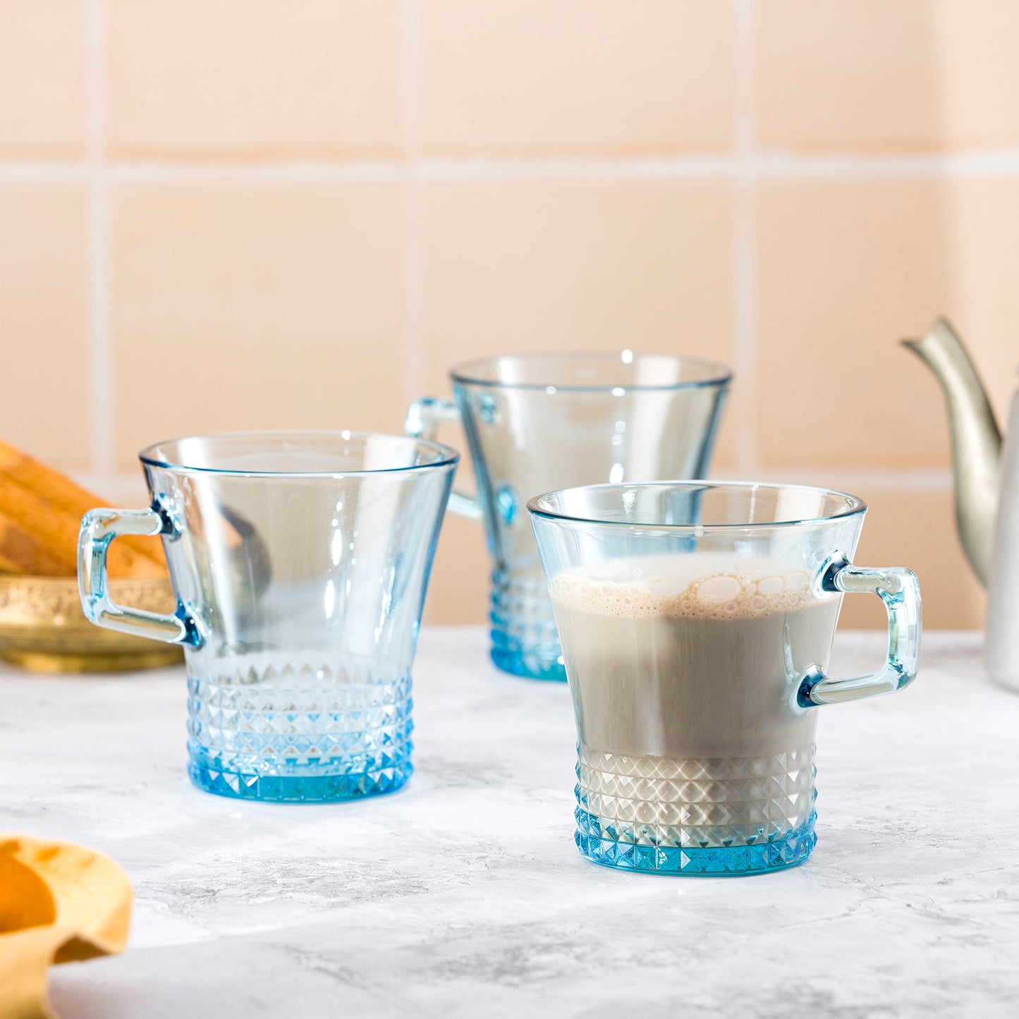 Pasabahce Kuvars Glass Mug Blue Transparent 250 ml in Set of 6 Pcs, Perfect fit for Tea/Coffee.