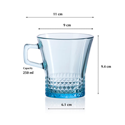 Pasabahce Kuvars Glass Mug Blue Transparent 250 ml in Set of 6 Pcs, Perfect fit for Tea/Coffee.