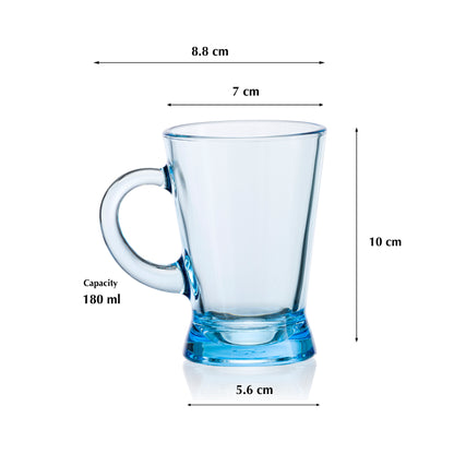 Pasabahce Heybeli Mug Blue Transparent Mugs, 180 ml in Set of 6 Pcs, Perfect fit for Tea/Coffee.